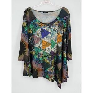 Jete 2X Multicolor Paisley Print 3/4 Sleeve Flowy Asymmetric‎ Hem Tunic Top